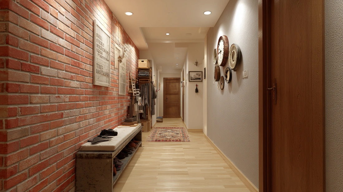 Corridor with brick finish wall in a compact Indian flat
