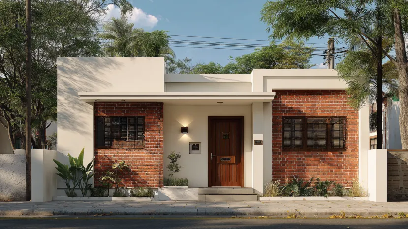 Small house elevation with exposed red brick and cream plaster