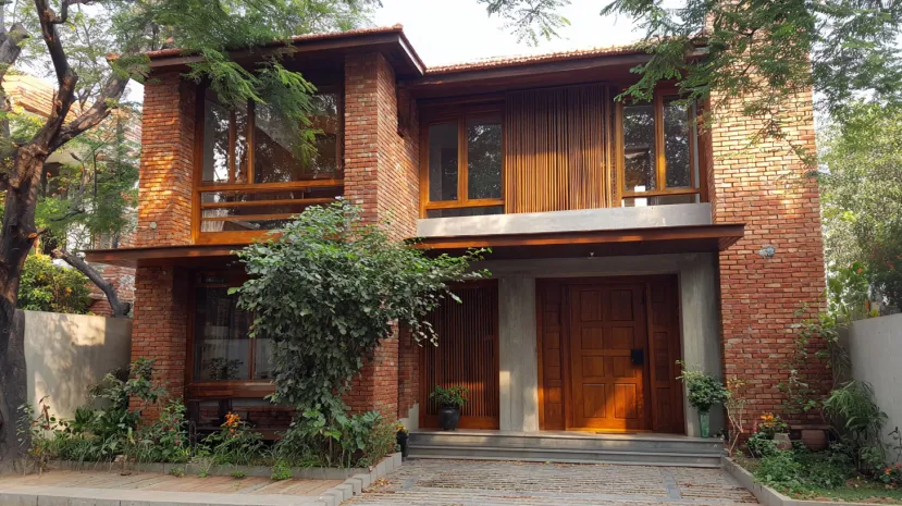 Two-story small house with red brick walls and wooden window frames
