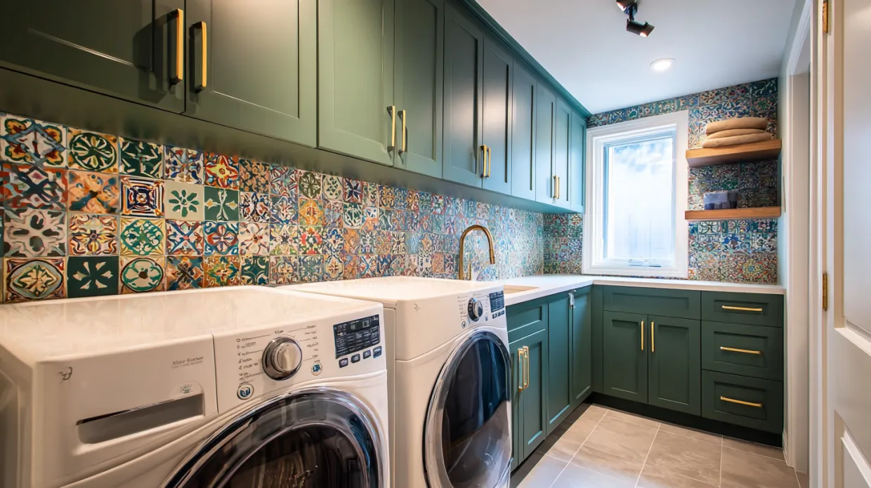 windowless laundry with dark green cabinets brass hardware and tiles