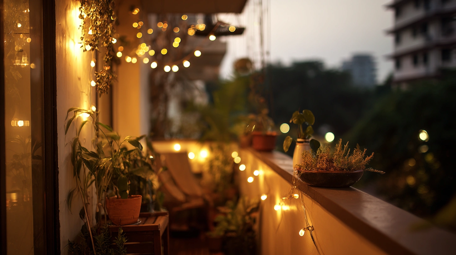 Balcony at night decorated with glowing overhead string lights
