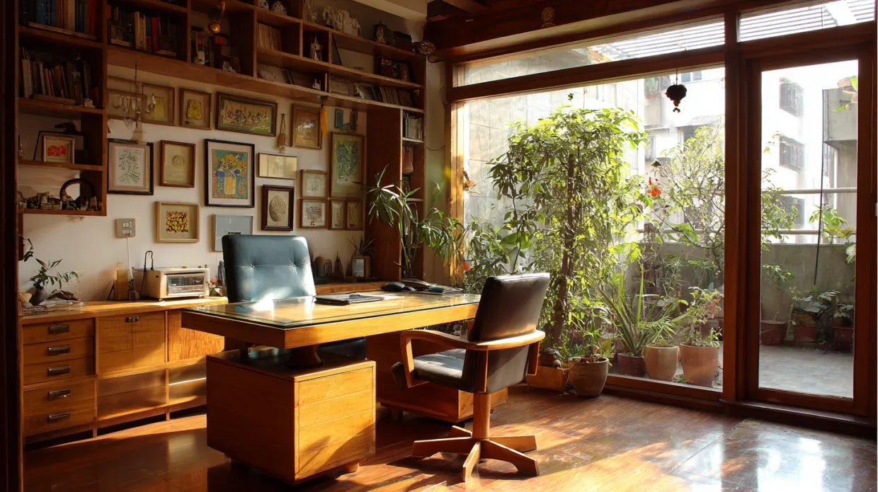 home office with indoor plants and wooden furniture