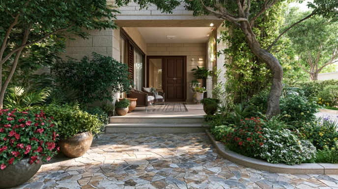 Broken marble flooring in outdoor porch