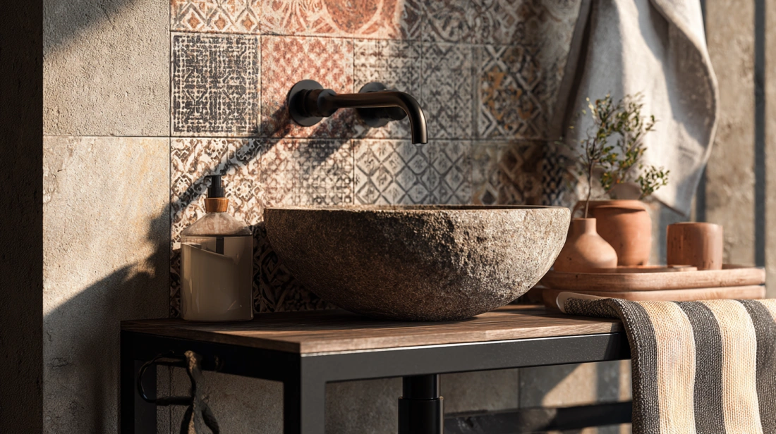 Stone bowl basin on iron stand in dining corner

