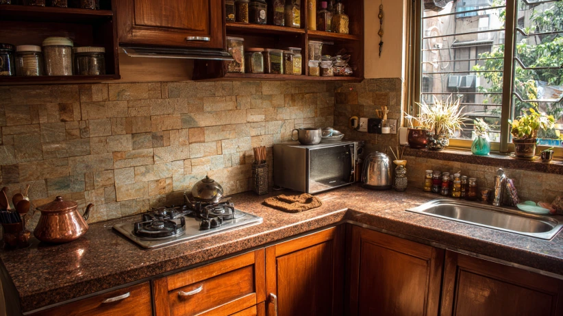 brown granite and stone backsplash in a kitchen counter granite design
