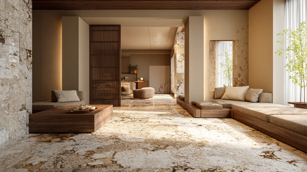 Brown and beige granite flooring in a modern interior