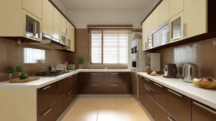 elegant kitchen with brown and cream cabinet colour combination and warm lighting