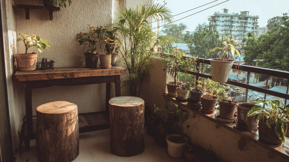 Compact balcony set with colorful metal chairs and table