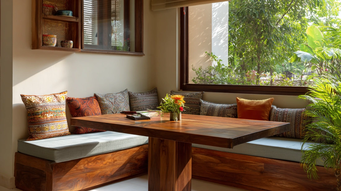 Dining table with cushioned wall bench seating