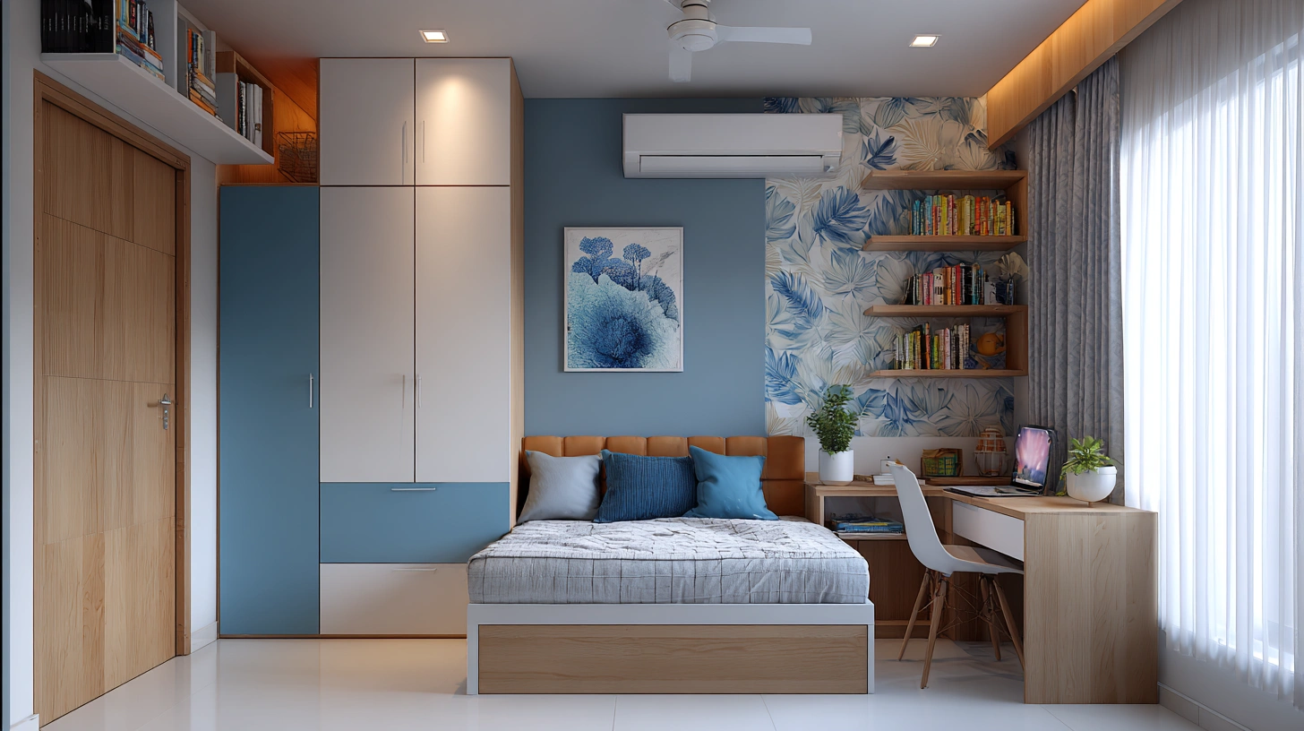 Iron almirah seamlessly recessed into a bedroom wall