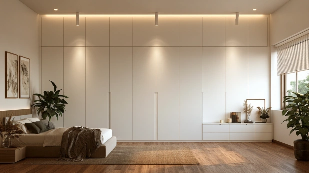 Illuminated white wardrobe with sleek profile lighting.