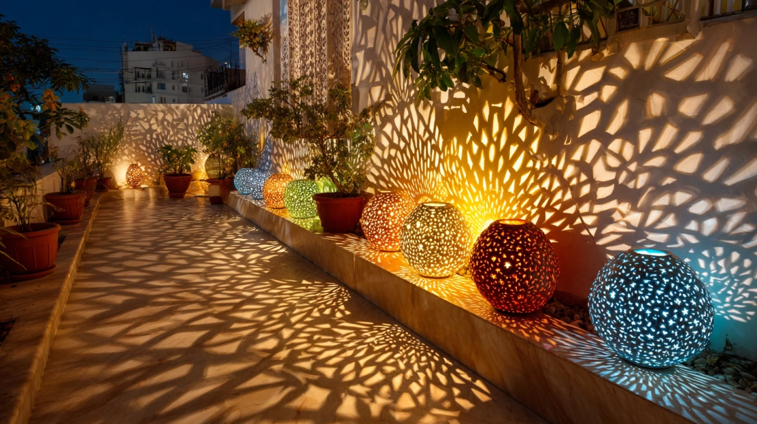 Decorative bulb covers casting playful terrace patterns