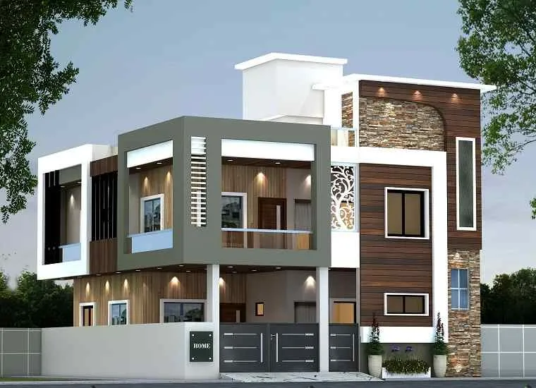 Modern bungalow elevation with grey and wood panels