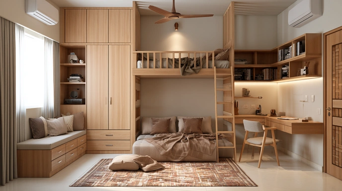 Family guest room with wooden bunk bed and study desk.