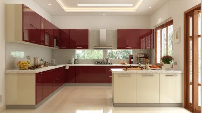 stylish kitchen with burgundy and cream cabinet colour combination and glossy finish