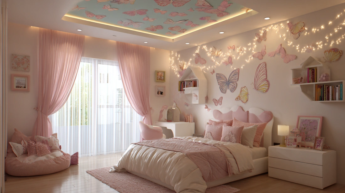 Butterfly motif PVC ceiling in colorful kids bedroom
