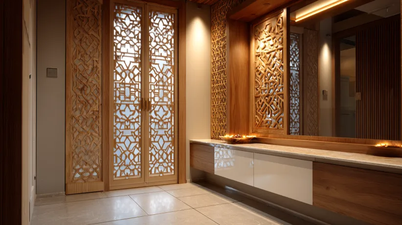 Intricate CNC cut wood jaali door with glass for a puja room