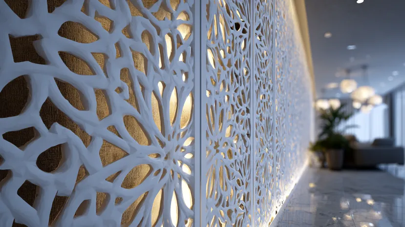 White PVC CNC jaali wall panels with warm backlighting