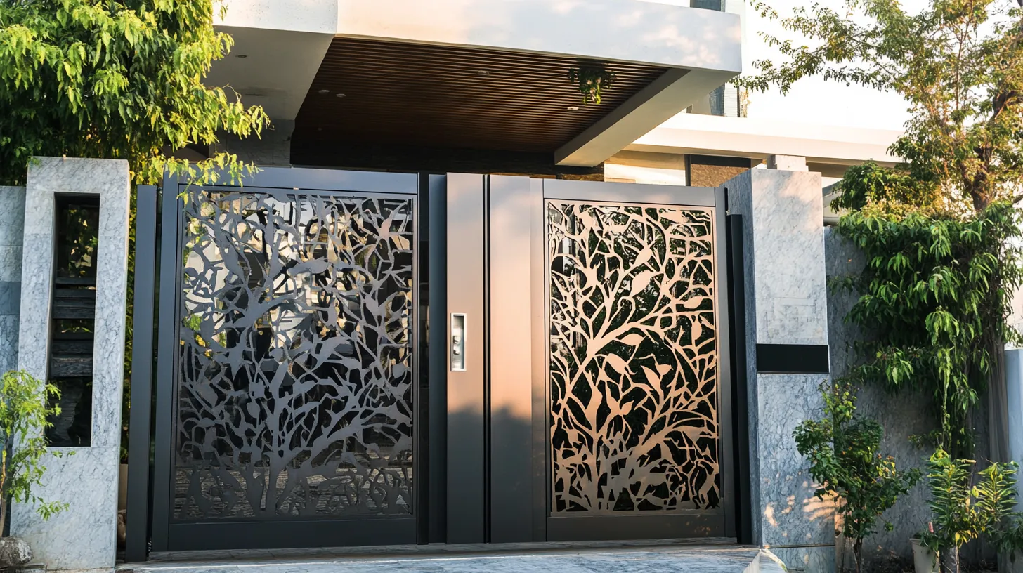 modern main gate with tree branch cnc cutting design with steel
