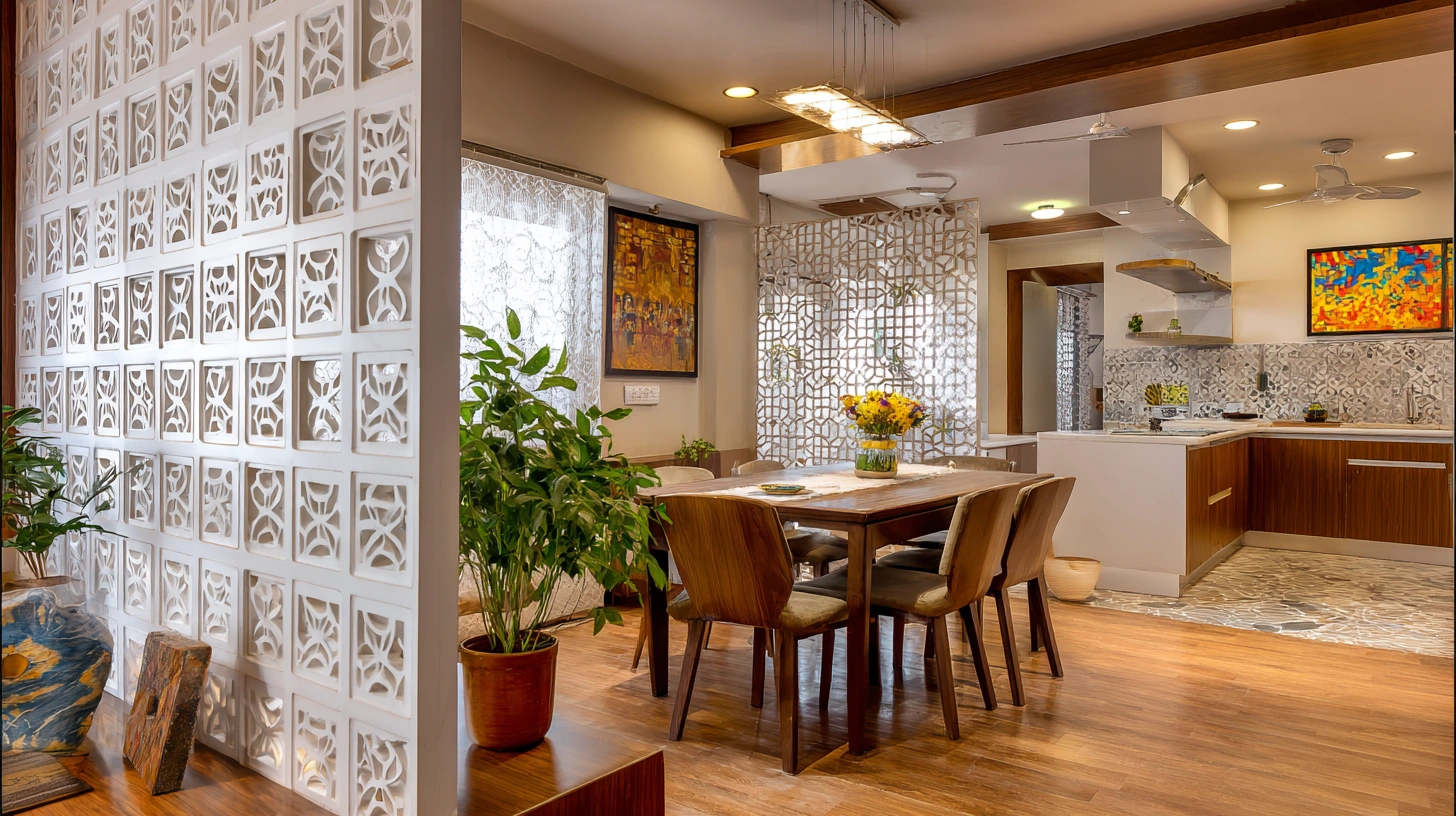 White geometric blocks dividing dining and kitchen