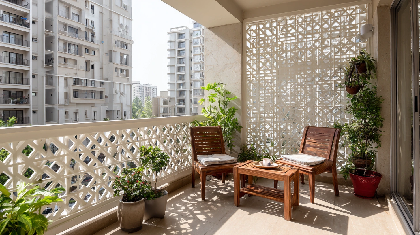 White ornamental lattice wall enclosing balcony patio