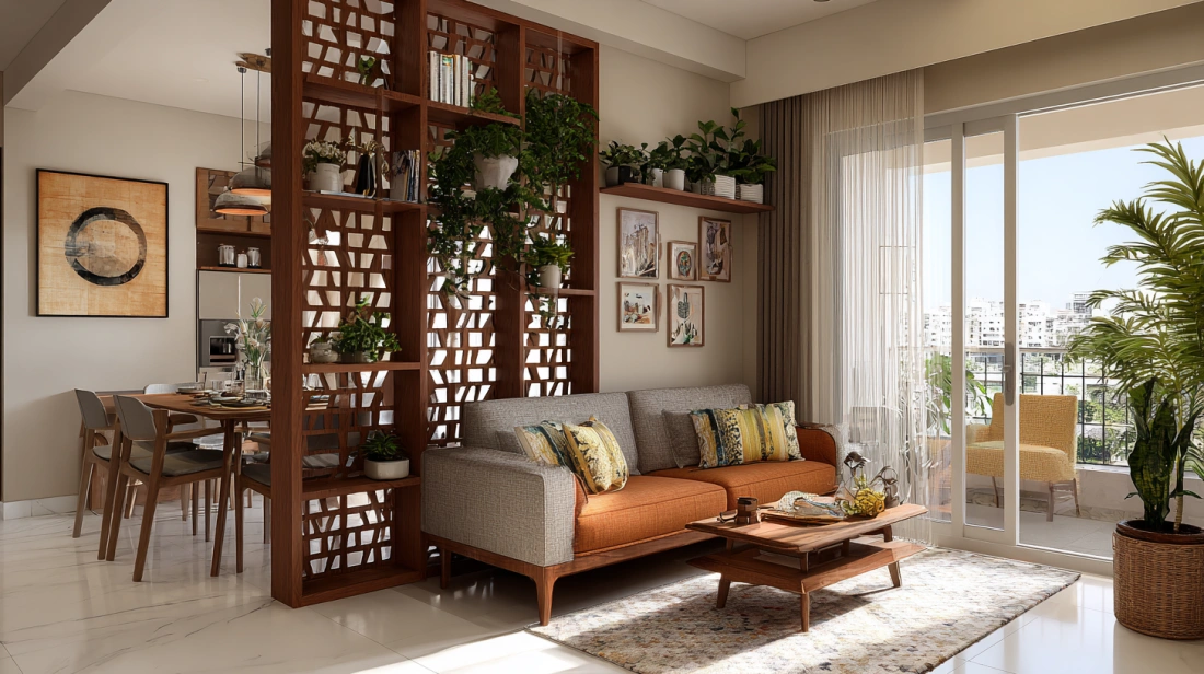 Dark wooden shelving screen dividing home lounges