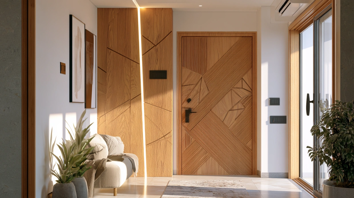 CNC-routed geometric bedroom door with wood finish