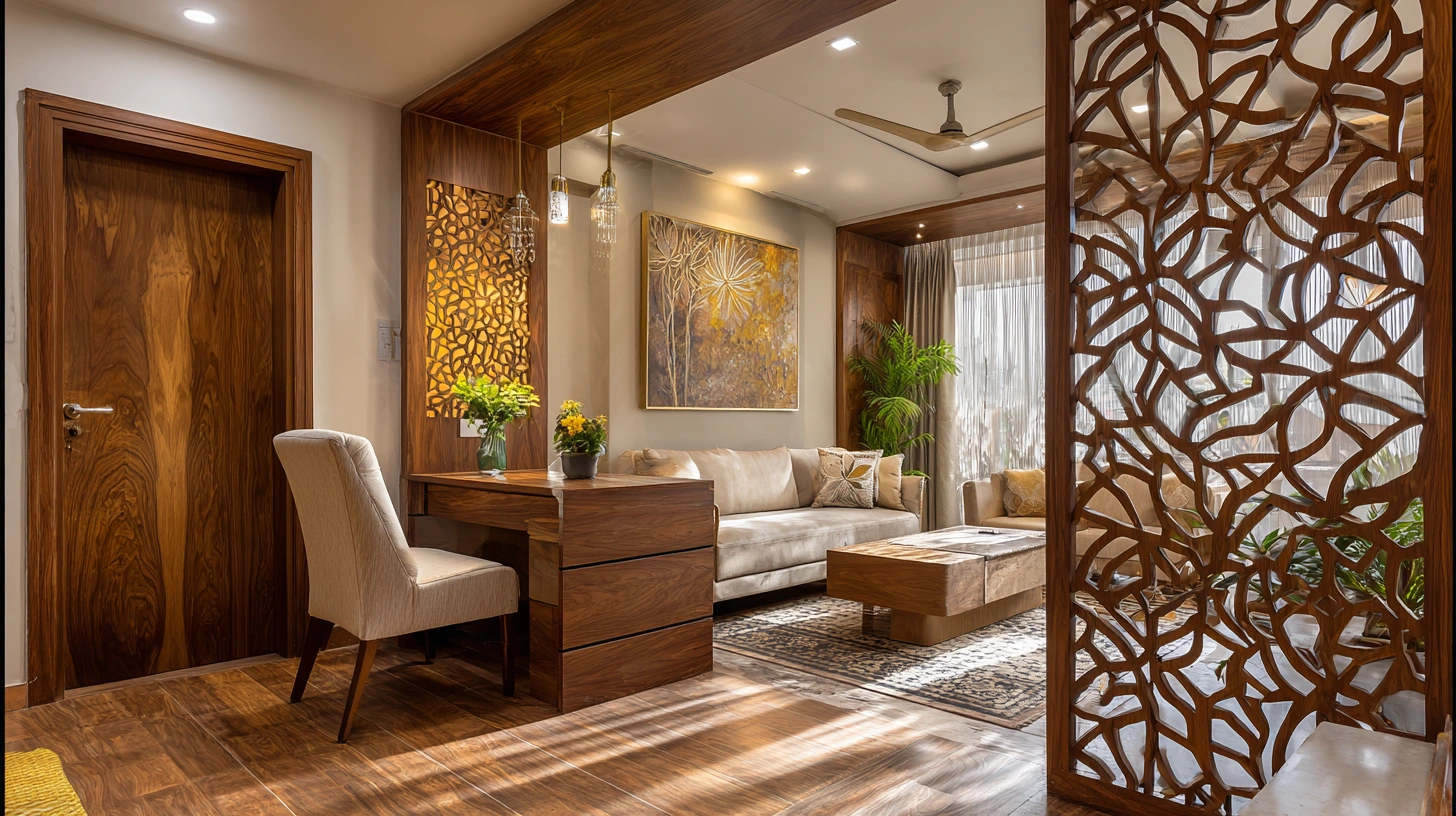 Detailed branch patterned screen bordering small desk