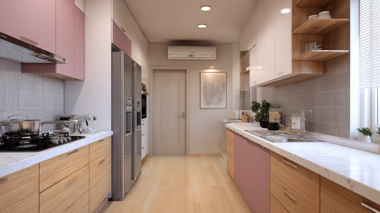 Modern parallel kitchen with wooden cabinet and marble countertops