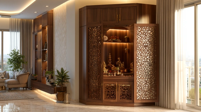 Corner pooja cabinet with decorative jaali doors