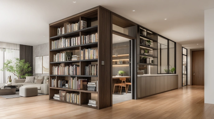 Cabinet partition dividing living and dining areas