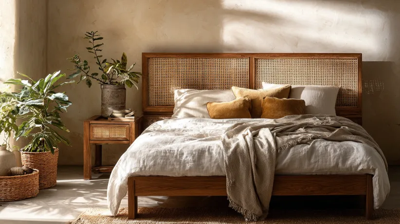 Natural cane woven headboard with wooden frame and earthy decor