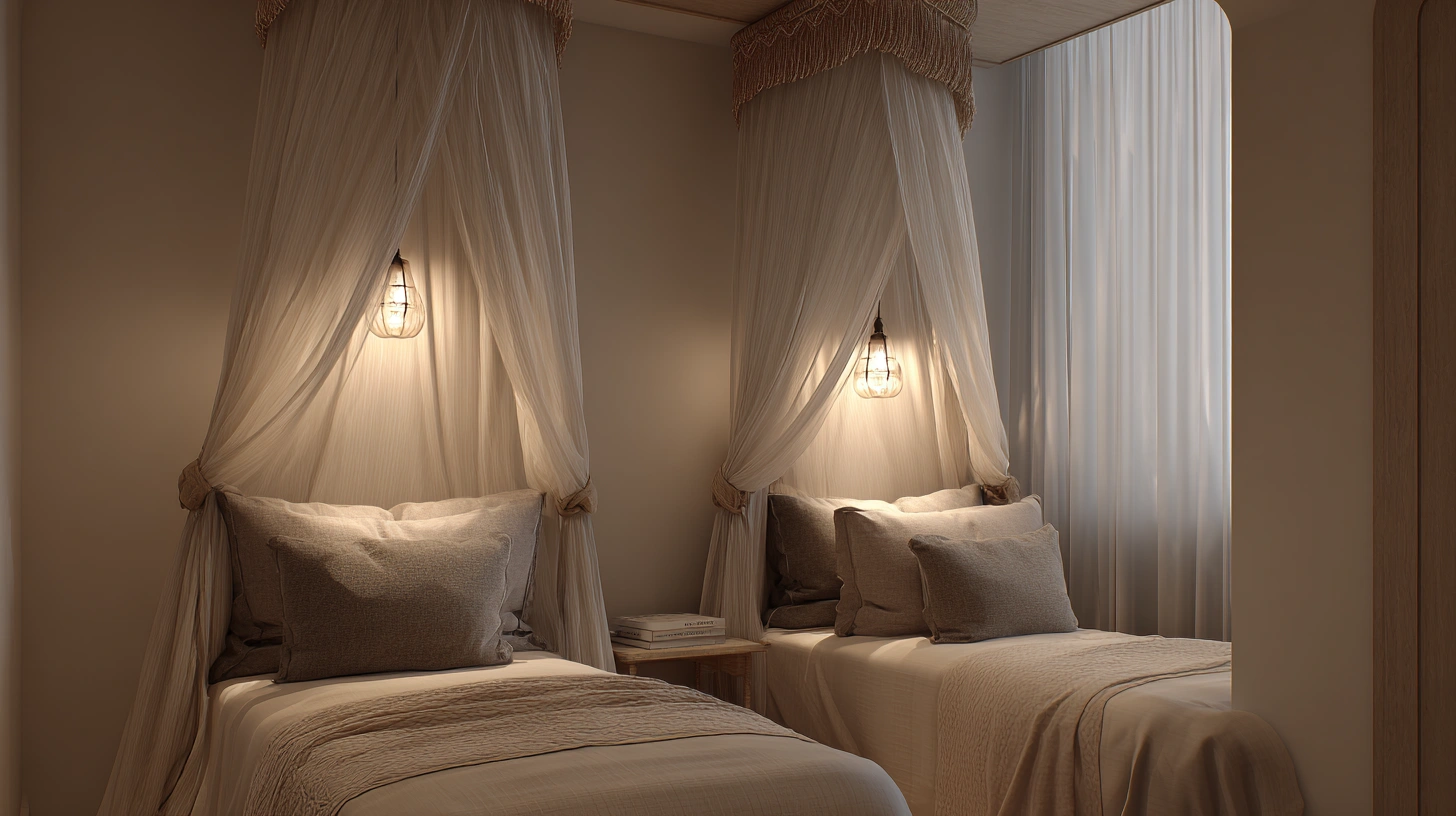 Twin canopy beds in small elegant bedroom