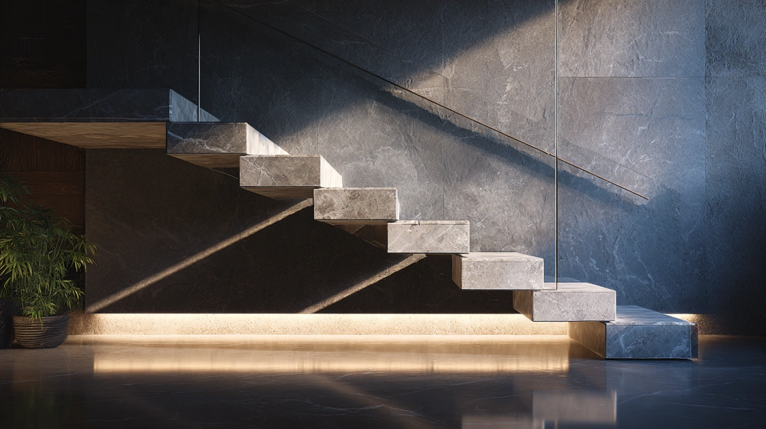 Floating stone cantilever stairs with integrated LED base lighting
