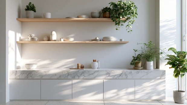 Carrara marble countertop in Scandinavian kitchen