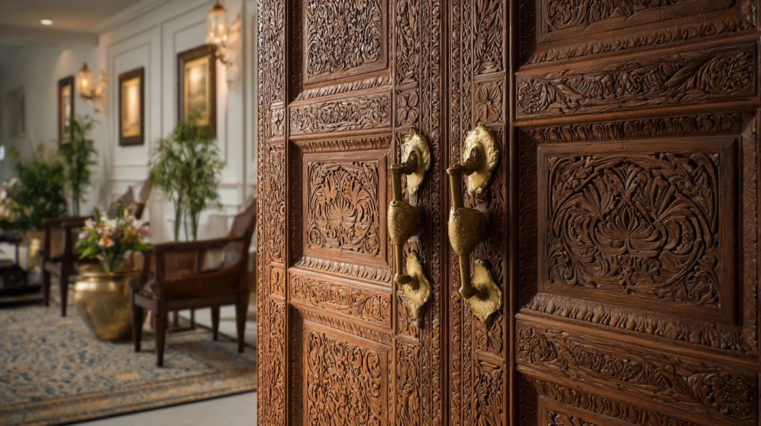 Intricately carved solid wood door with brass handle detail