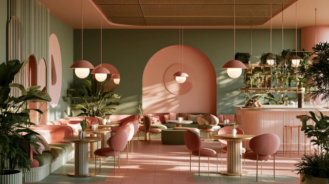 Pastel themed cafe interior