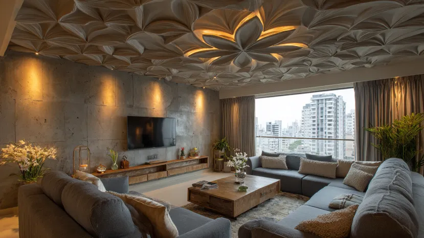 Industrial grey ceiling cement flower design in living room