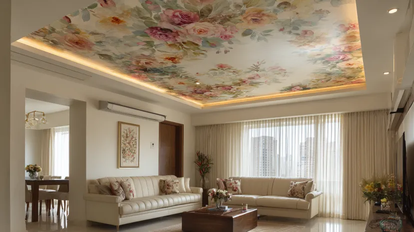 Hand-painted floral mural on a recessed POP ceiling tray