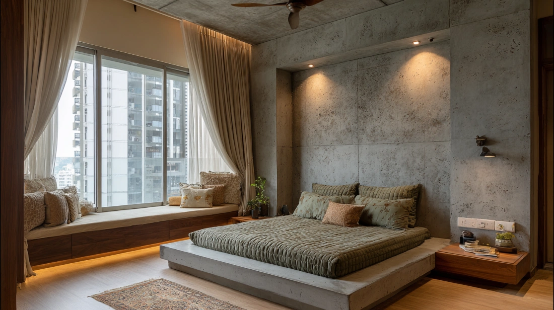 Cement wardrobe built around window seating nook