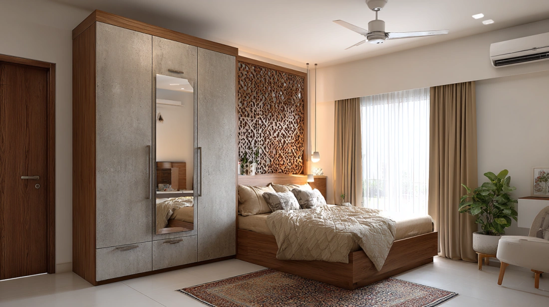 Mirror shutter cement wardrobe in compact bedroom
