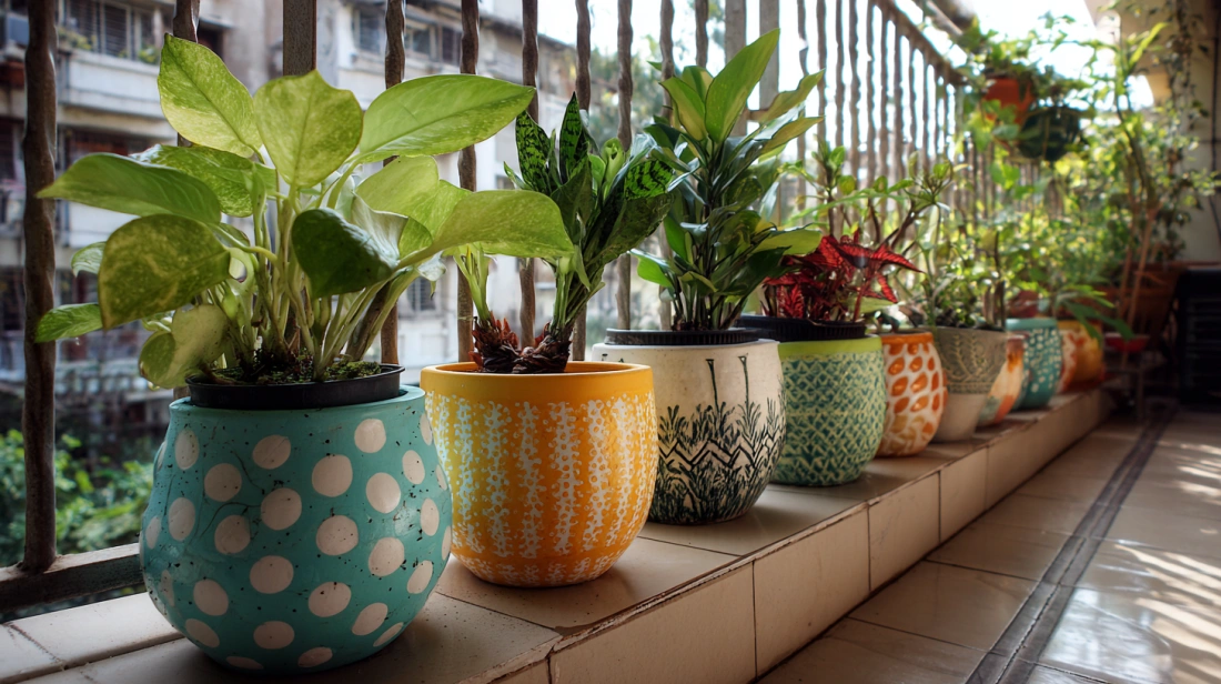 Cement pots with dots placed near balcony railingPainted cement pots add fun balcony decor