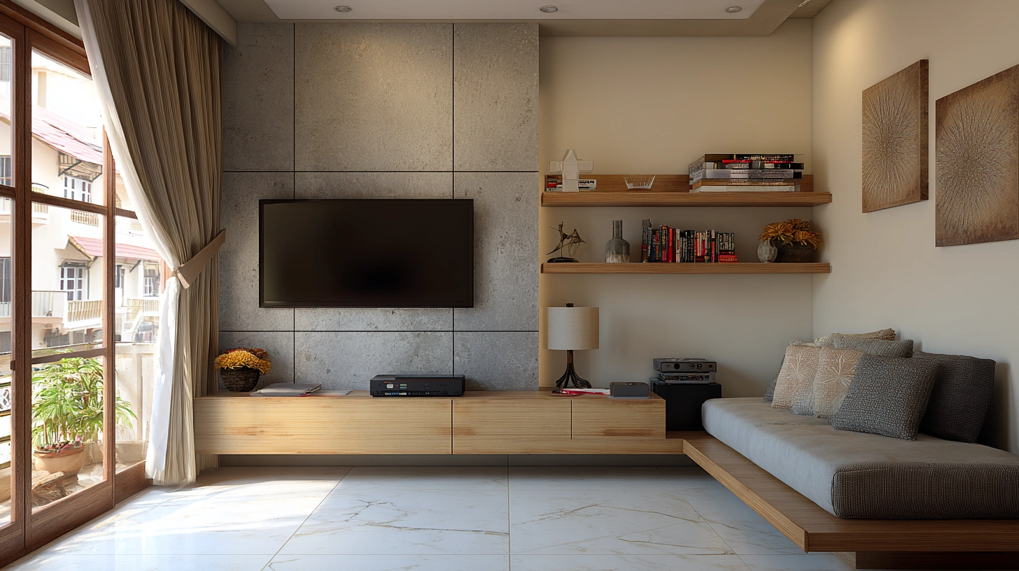 Cement TV unit with shelves in small living room