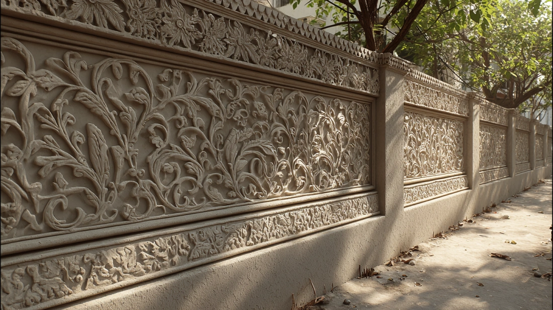 Textured cement plaster art on a modern boundary wall