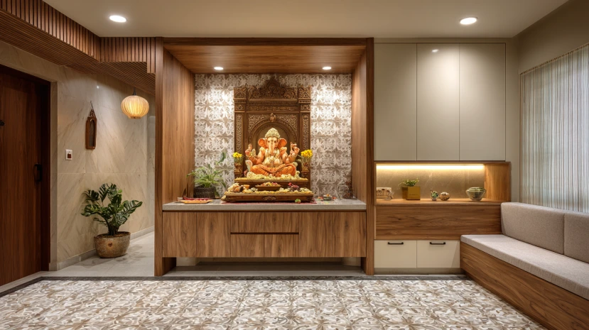 cement tiles offering a minimalist look for pooja room tile designs