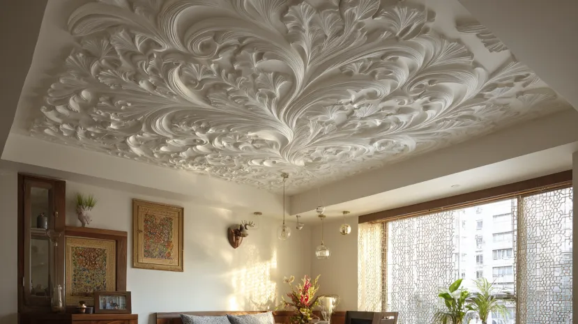 cement pop ceiling design with floral patterns for modern interiors