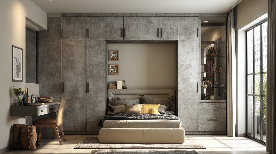 Cement wardrobe with attached dressing mirror unit