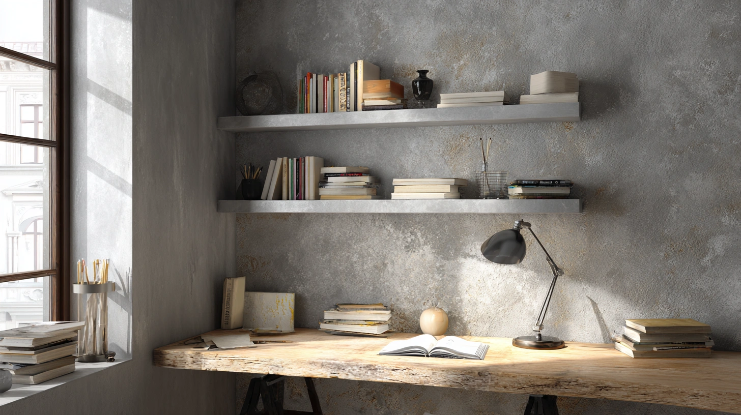 Cement shelves above study desk near window
