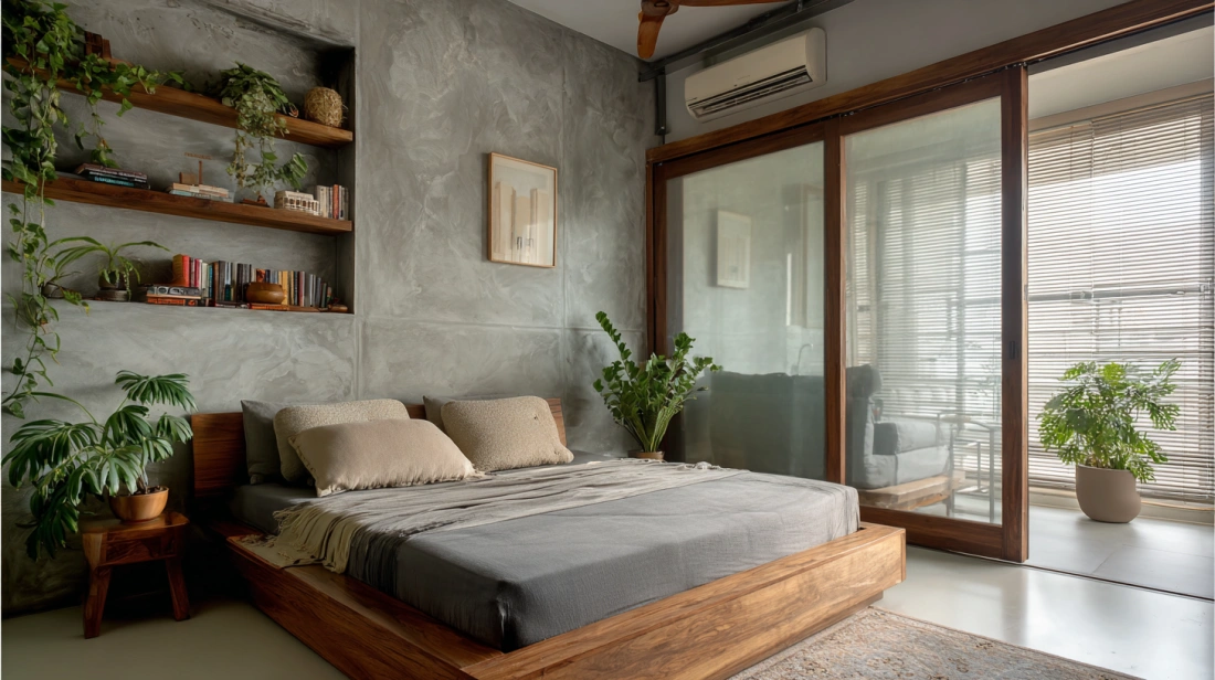 Cement shelves covered with sliding glass doors
