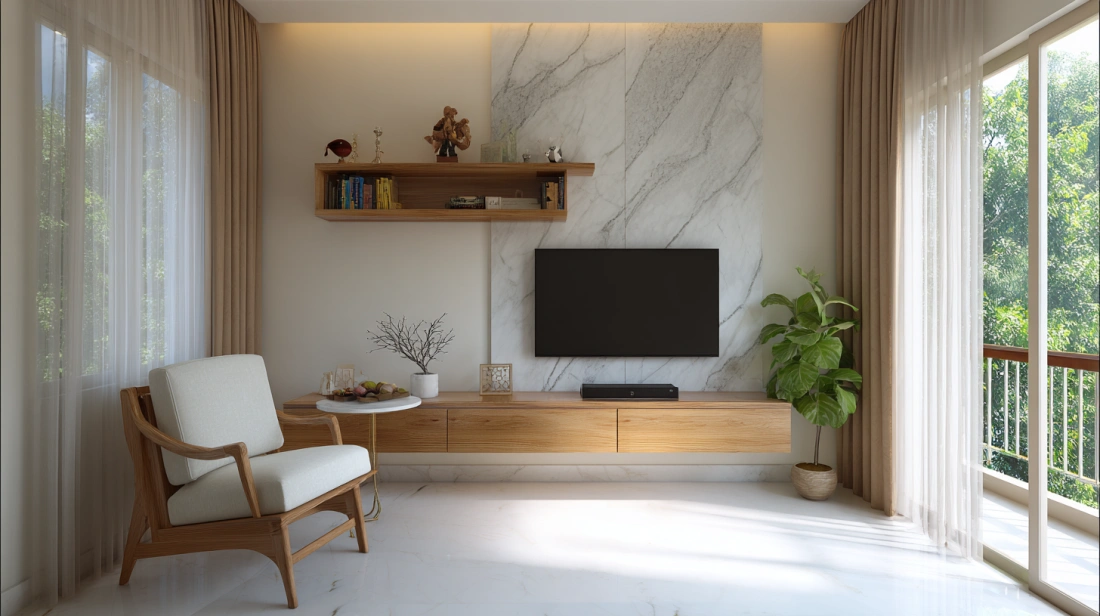 Cement TV shelf with open racks for devices